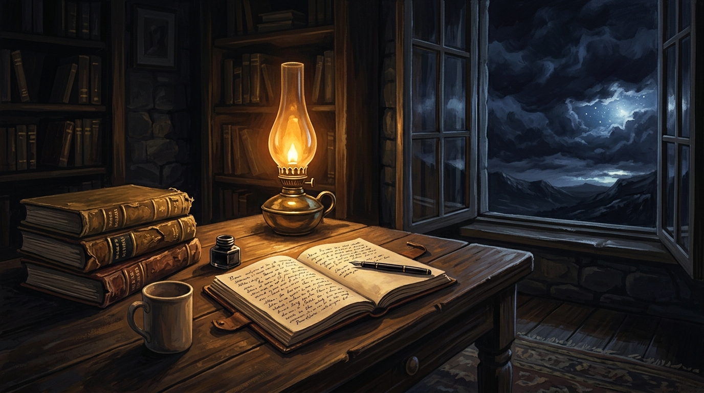 An oil lamp on a writing desk illuminates open notebooks and stacked books, while storm clouds and a sliver of starlight fill the window beyond.