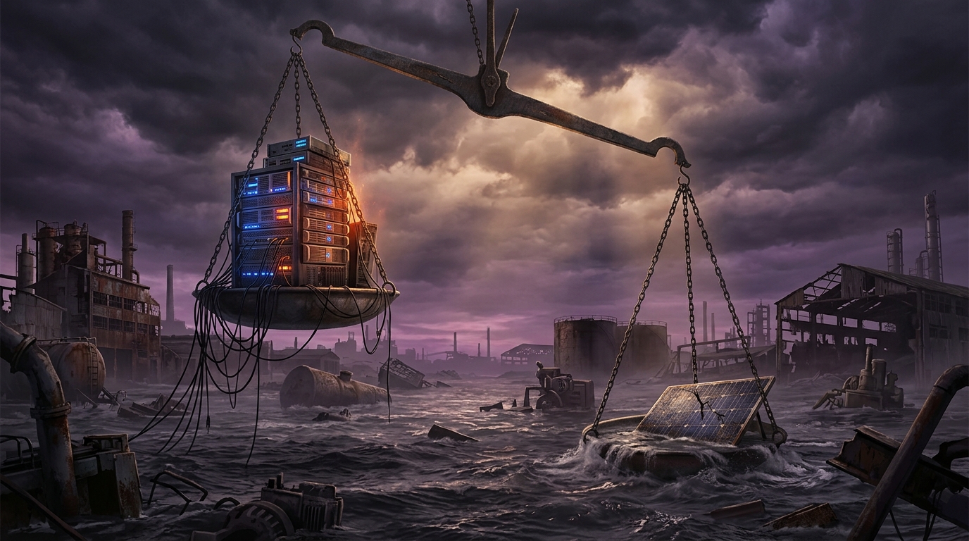Data center cooling towers dwarfing solar panels under a storm sky