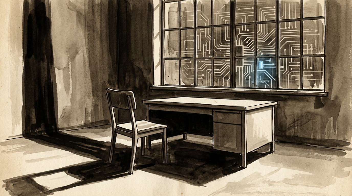 Empty open-plan office, abandoned chairs, a single glowing screen