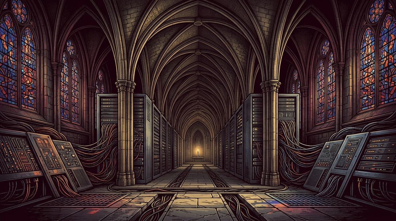 Gothic cathedral nave dissolving into server rack corridors