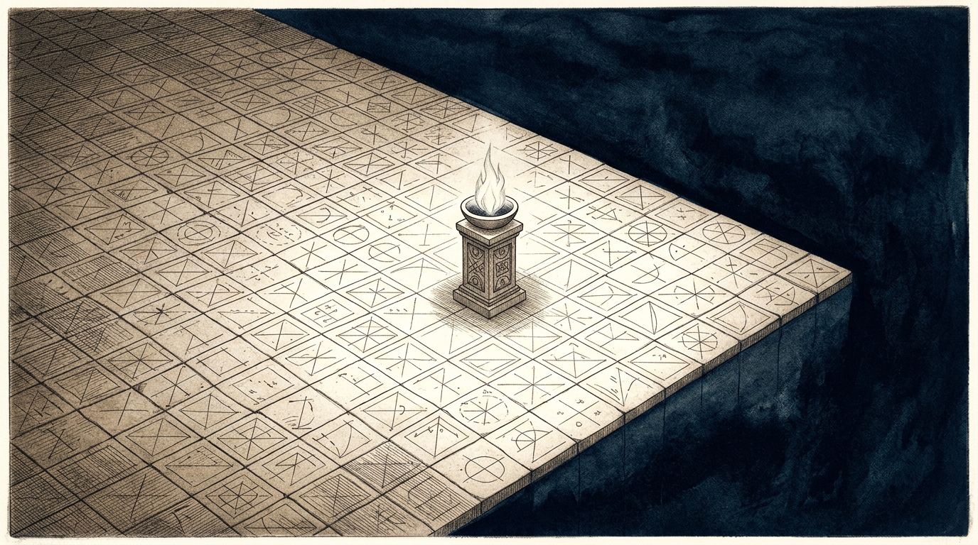 A cold oracle flame burns on a stone pedestal at the center of a vast tile grid inscribed with geometric symbols, its ordered domain ending in a sharp edge that drops into formless prussian-blue darkness.
