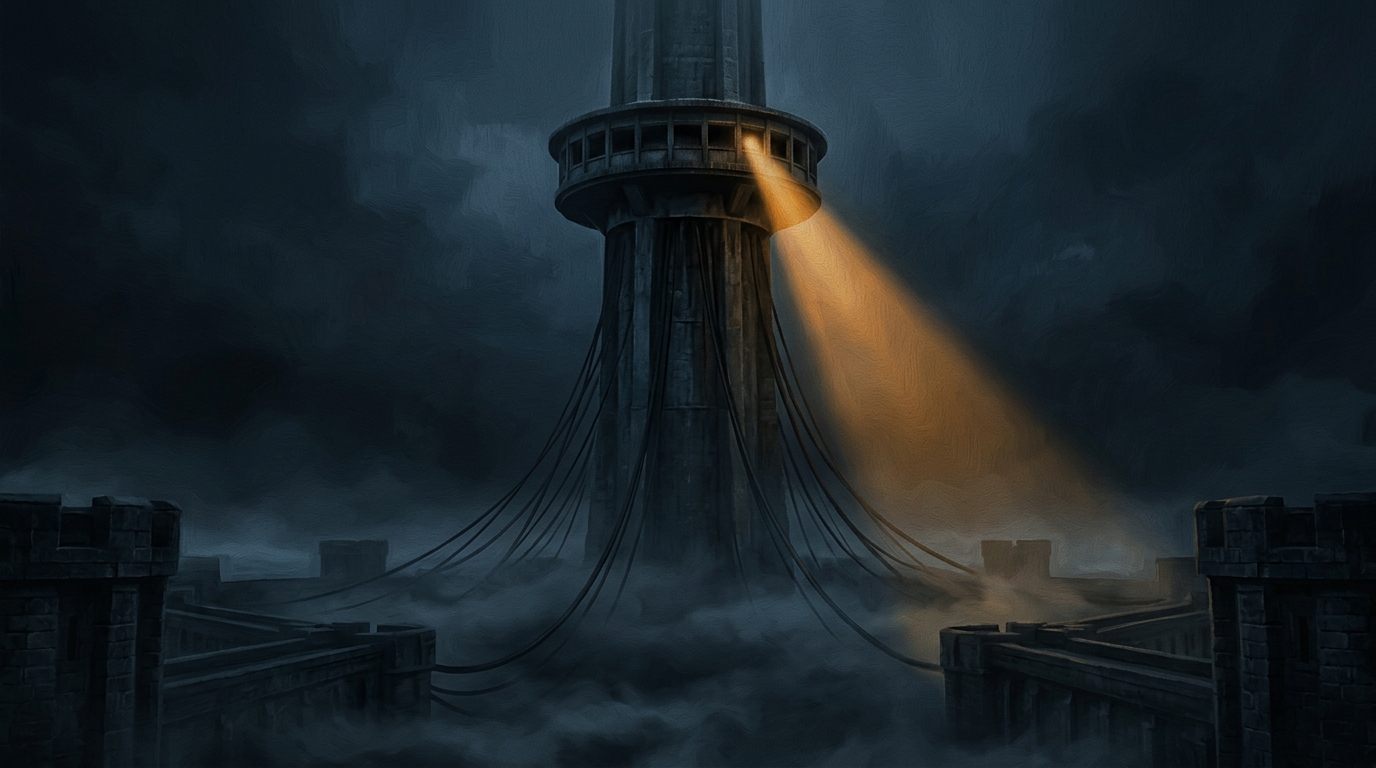Aerial night city view with data streams connecting government and corporate towers