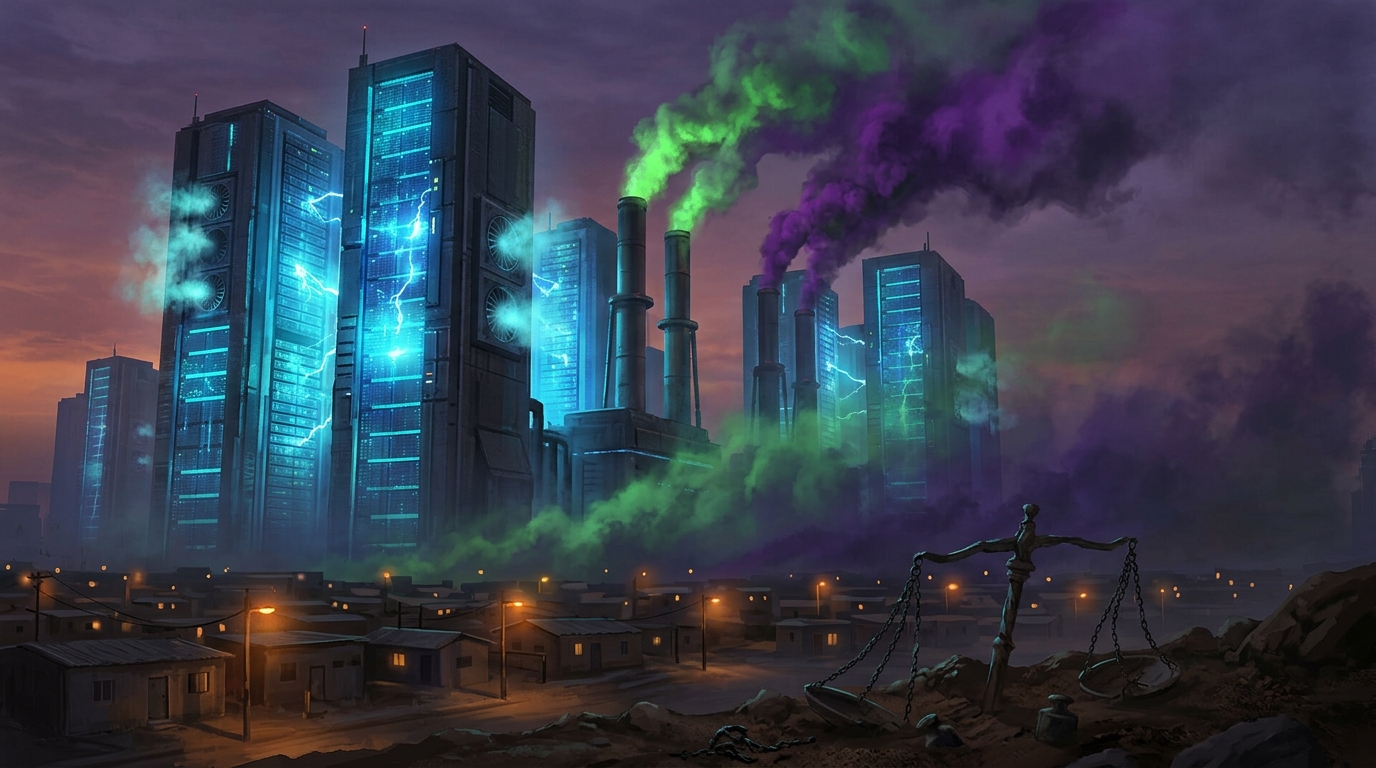 Towering blue-lit server monoliths crackling with electricity exhale toxic green and violet smoke over a dim neighborhood of amber streetlights below, a broken scale of justice tilted in the foreground.